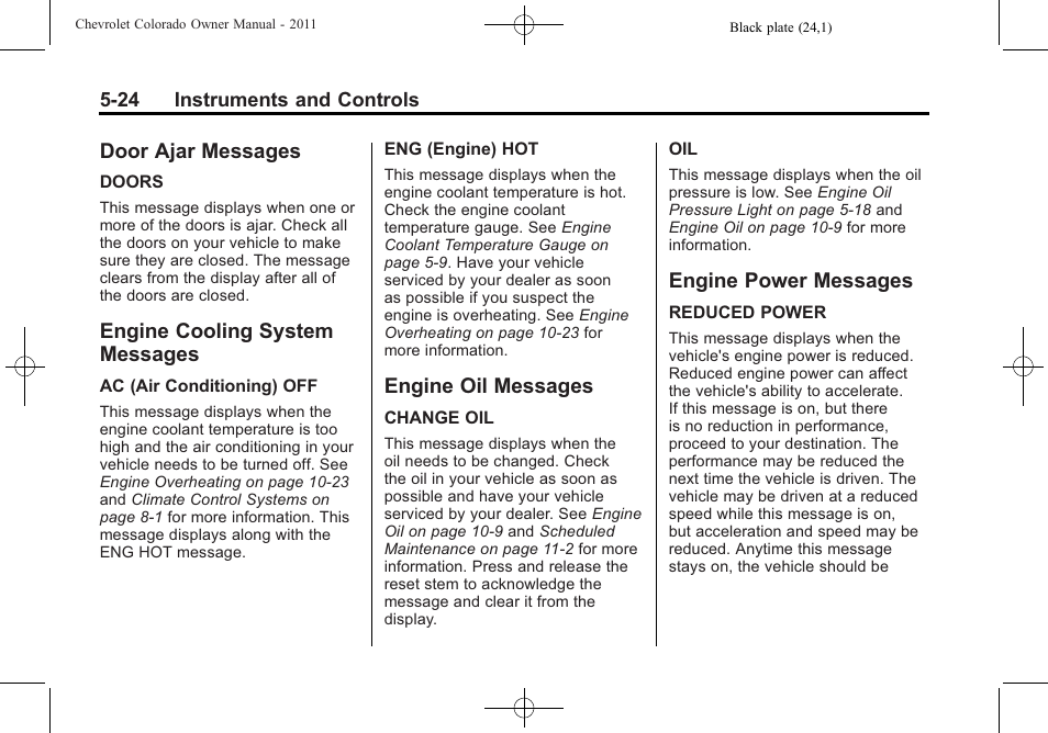 Door ajar messages, Engine cooling system messages, Engine oil messages | Engine power messages, Door ajar messages -24 engine cooling system, Messages -24, Engine oil messages -24 engine power messages -24 | CHEVROLET 2011 Colorado User Manual | Page 136 / 394