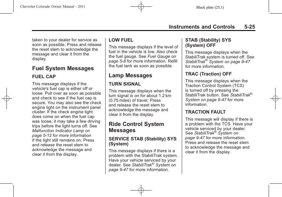 Fuel system messages, Lamp messages, Ride control system messages | Messages -25, Instruments and controls 5-25 | CHEVROLET 2011 Colorado User Manual | Page 137 / 394
