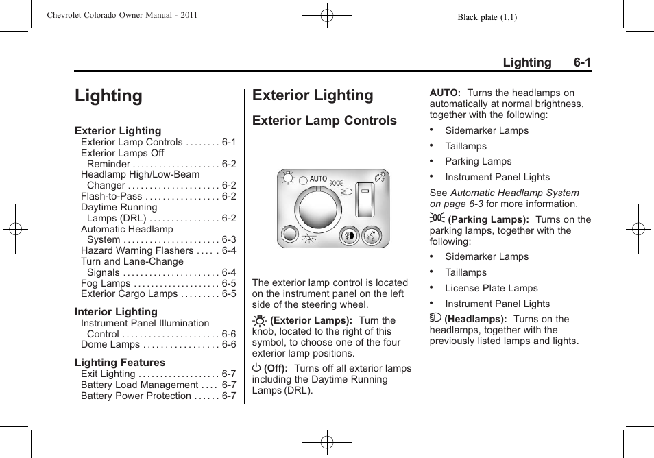 Lighting, Exterior lighting, Exterior lamp controls | Lighting -1, Lighting 6-1 | CHEVROLET 2011 Colorado User Manual | Page 139 / 394