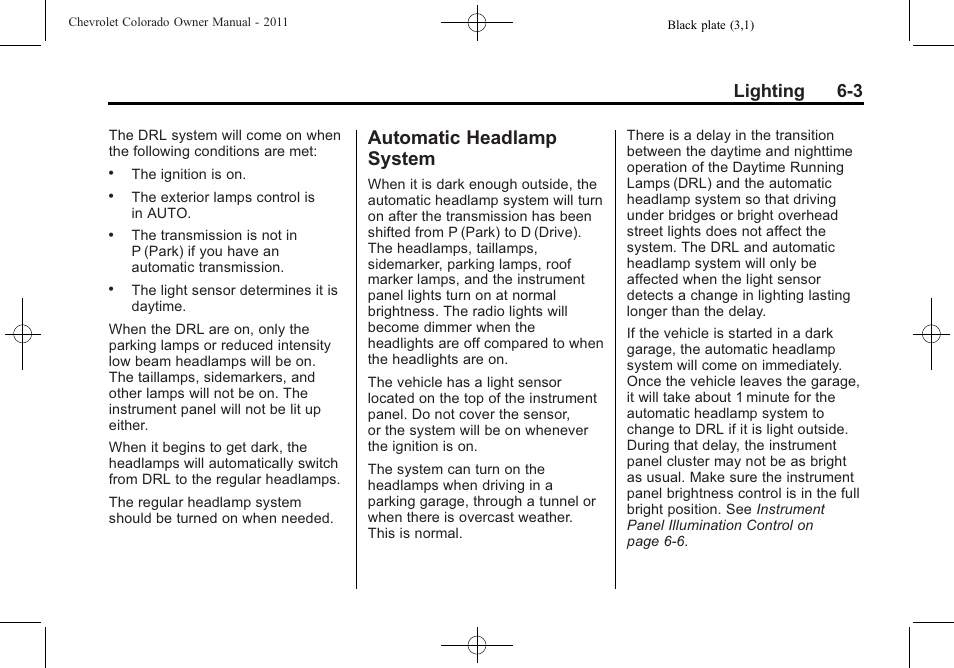 Automatic headlamp system, Automatic headlamp, System -3 | Lighting 6-3 | CHEVROLET 2011 Colorado User Manual | Page 141 / 394