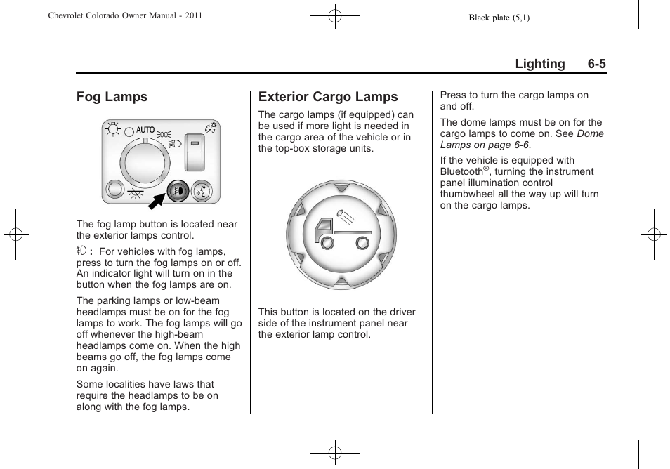 Fog lamps, Exterior cargo lamps, Fog lamps -5 exterior cargo lamps -5 | CHEVROLET 2011 Colorado User Manual | Page 143 / 394