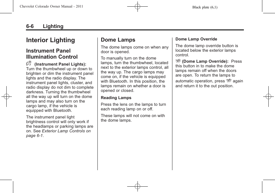 Interior lighting, Instrument panel illumination control, Dome lamps | Lighting -6, Instrument panel illumination, Control -6, Dome lamps -6, Instrument panel illumination control d | CHEVROLET 2011 Colorado User Manual | Page 144 / 394