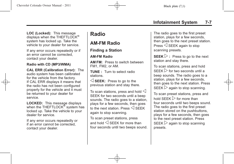 Radio, Am-fm radio, Radio -7 | Vehicle care -1, Am-fm radio -7, For extended | CHEVROLET 2011 Colorado User Manual | Page 153 / 394
