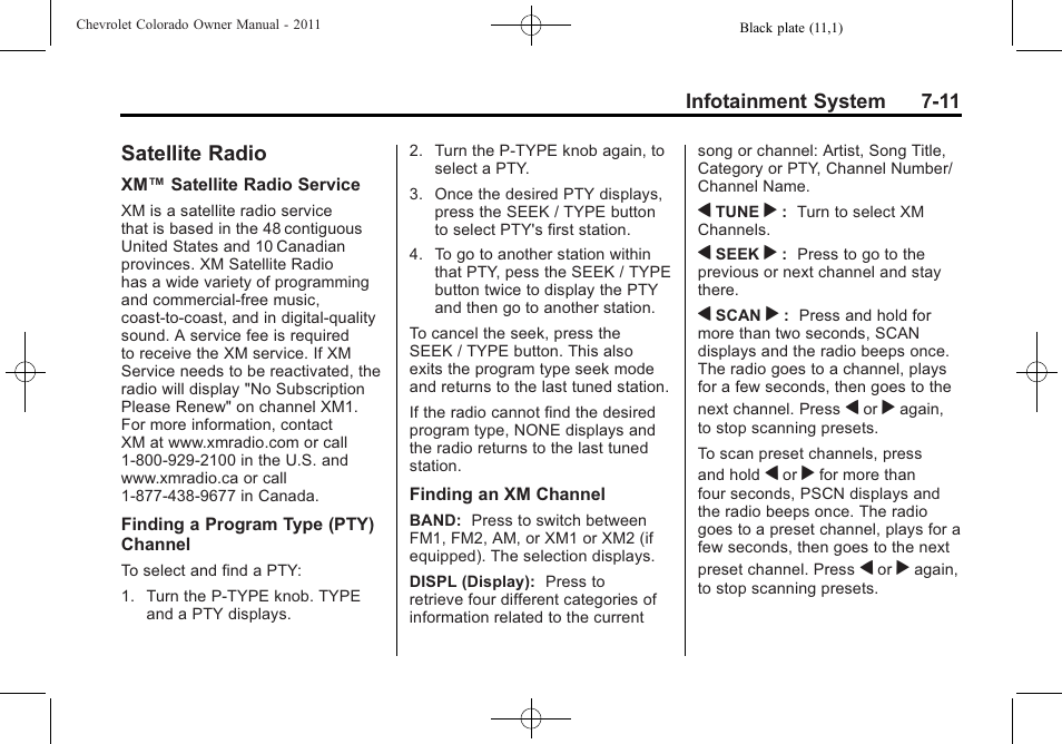 Satellite radio, Satellite radio -11 | CHEVROLET 2011 Colorado User Manual | Page 157 / 394