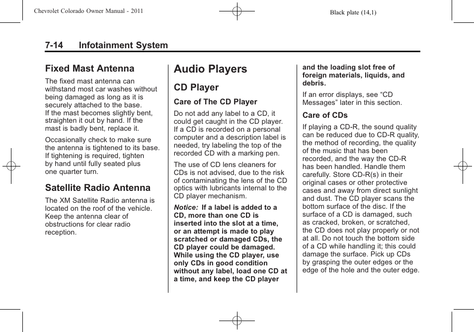 Fixed mast antenna, Satellite radio antenna, Audio players | Cd player, Audio players -14, General information, Fixed mast antenna -14 satellite radio antenna -14, Cd player -14 | CHEVROLET 2011 Colorado User Manual | Page 160 / 394