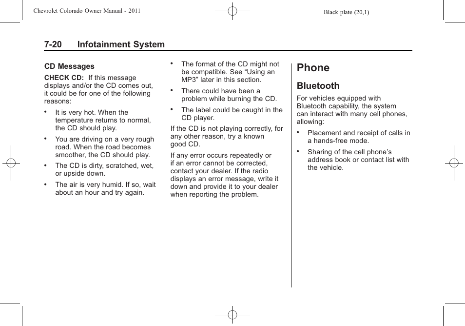 Phone, Bluetooth, Phone -20 | Vehicle checks -4, Bluetooth -20, 20 infotainment system | CHEVROLET 2011 Colorado User Manual | Page 166 / 394