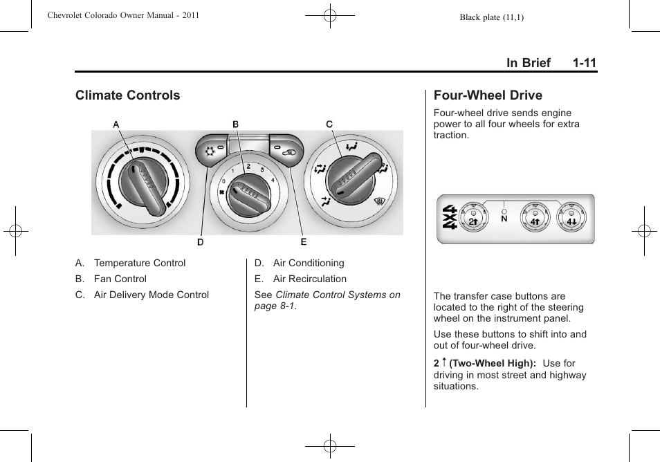 Climate controls, Four-wheel drive, Climate controls -11 four-wheel drive -11 | CHEVROLET 2011 Colorado User Manual | Page 17 / 394