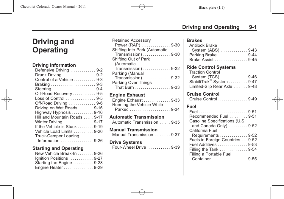 Driving and operating, Driving and operating -1, Driving and operating 9-1 | CHEVROLET 2011 Colorado User Manual | Page 179 / 394
