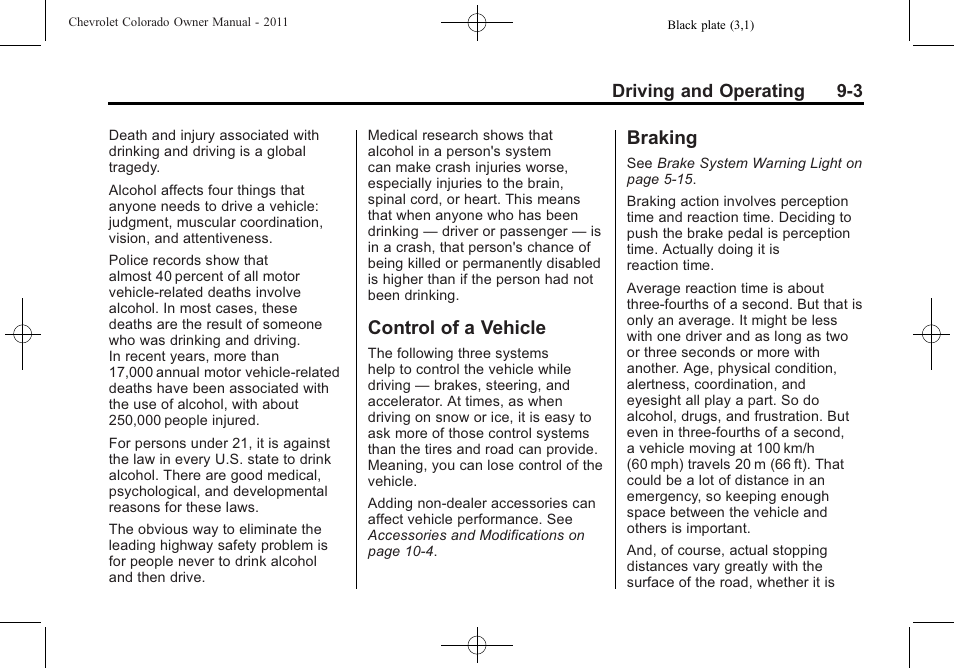 Control of a vehicle, Braking, Control of a vehicle -3 braking -3 | CHEVROLET 2011 Colorado User Manual | Page 181 / 394