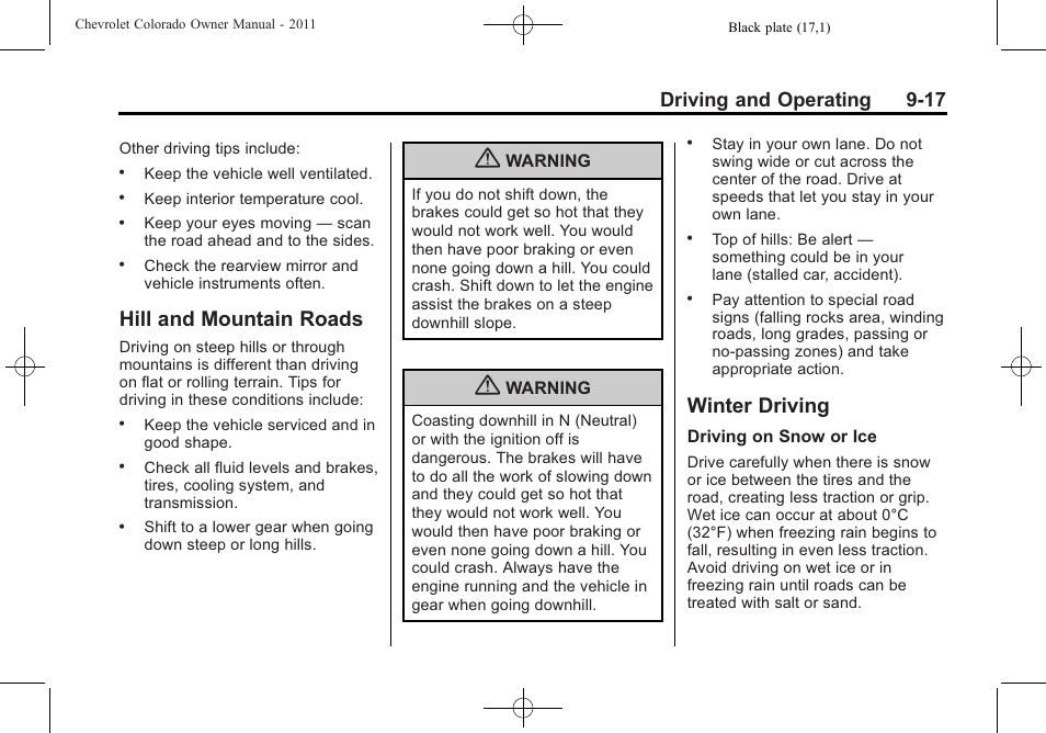 Hill and mountain roads, Winter driving, Hill and mountain roads -17 winter driving -17 | Automatic, Driving and operating 9-17 | CHEVROLET 2011 Colorado User Manual | Page 195 / 394