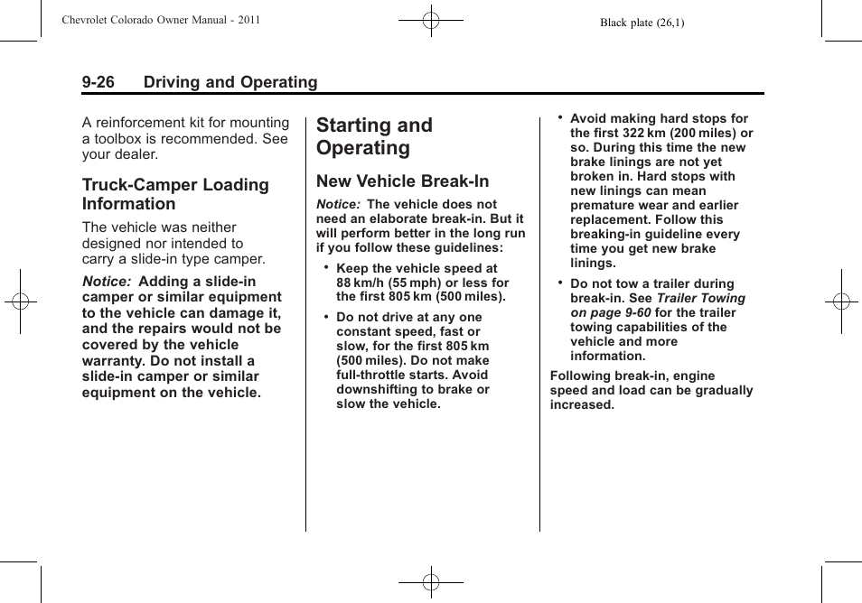 Truck-camper loading information, Starting and operating, New vehicle break-in | Operating -26, Truck-camper loading, Information -26, New vehicle break-in -26, 26 driving and operating | CHEVROLET 2011 Colorado User Manual | Page 204 / 394