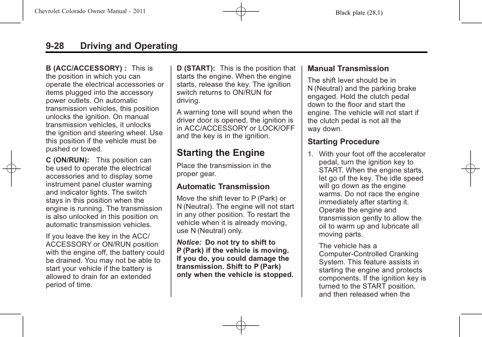 Starting the engine, Starting the engine -28 | CHEVROLET 2011 Colorado User Manual | Page 206 / 394