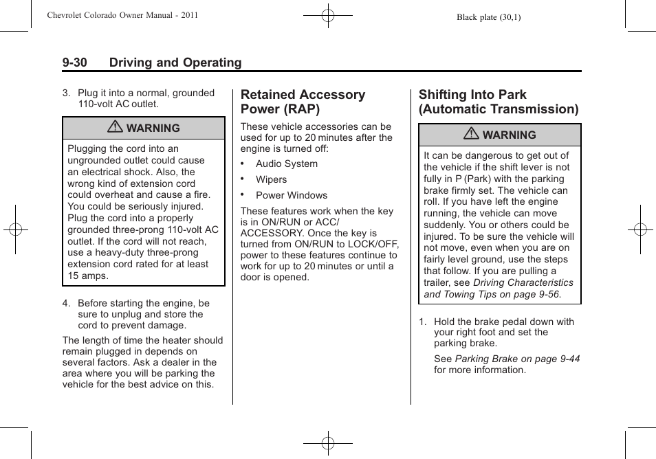 Retained accessory power (rap), Shifting into park (automatic transmission), Retained accessory | Power (rap) -30, Shifting into park (automatic, Transmission) -30, Parking | CHEVROLET 2011 Colorado User Manual | Page 208 / 394