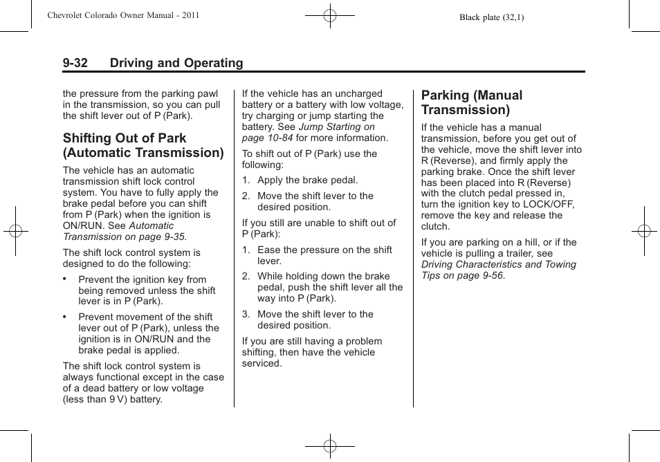 Shifting out of park (automatic transmission), Parking (manual transmission), Shifting out of park | Automatic transmission) -32, Parking (manual, Transmission) -32, 32 driving and operating | CHEVROLET 2011 Colorado User Manual | Page 210 / 394