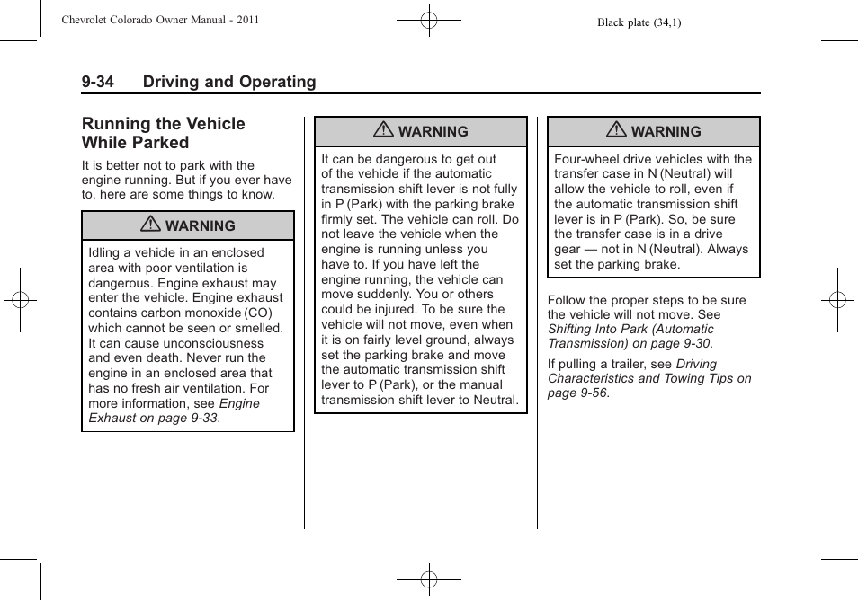 Running the vehicle while parked, Parked -34 | CHEVROLET 2011 Colorado User Manual | Page 212 / 394