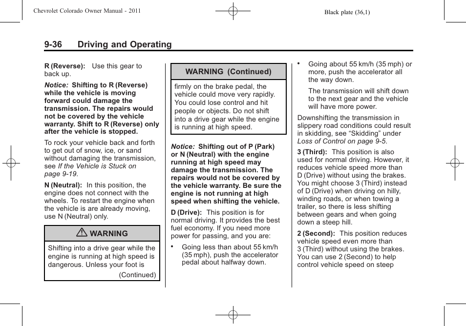 36 driving and operating | CHEVROLET 2011 Colorado User Manual | Page 214 / 394