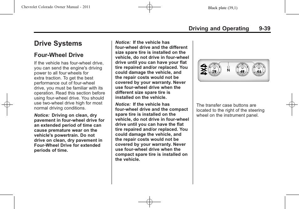 Drive systems, Four-wheel drive, Drive systems -39 | Four-wheel drive -39 | CHEVROLET 2011 Colorado User Manual | Page 217 / 394