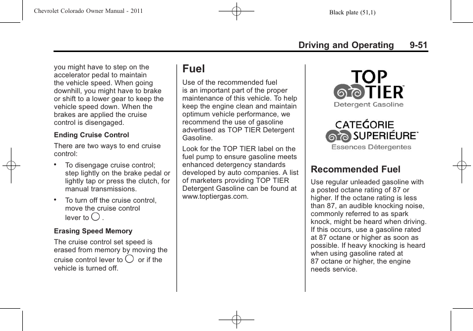 Fuel, Recommended fuel, Fuel -51 | Fuel -51 recommended fuel -51 | CHEVROLET 2011 Colorado User Manual | Page 229 / 394