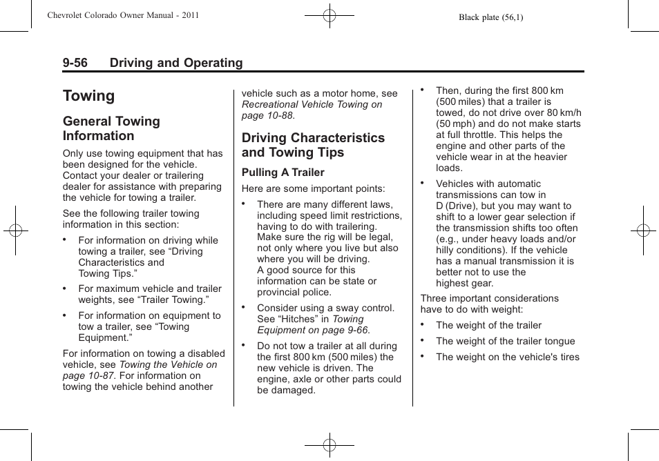 Towing, General towing information, Driving characteristics and towing tips | Towing -56, General towing, Information -56, Driving characteristics and, Towing tips -56, Defensive driving means, 56 driving and operating | CHEVROLET 2011 Colorado User Manual | Page 234 / 394