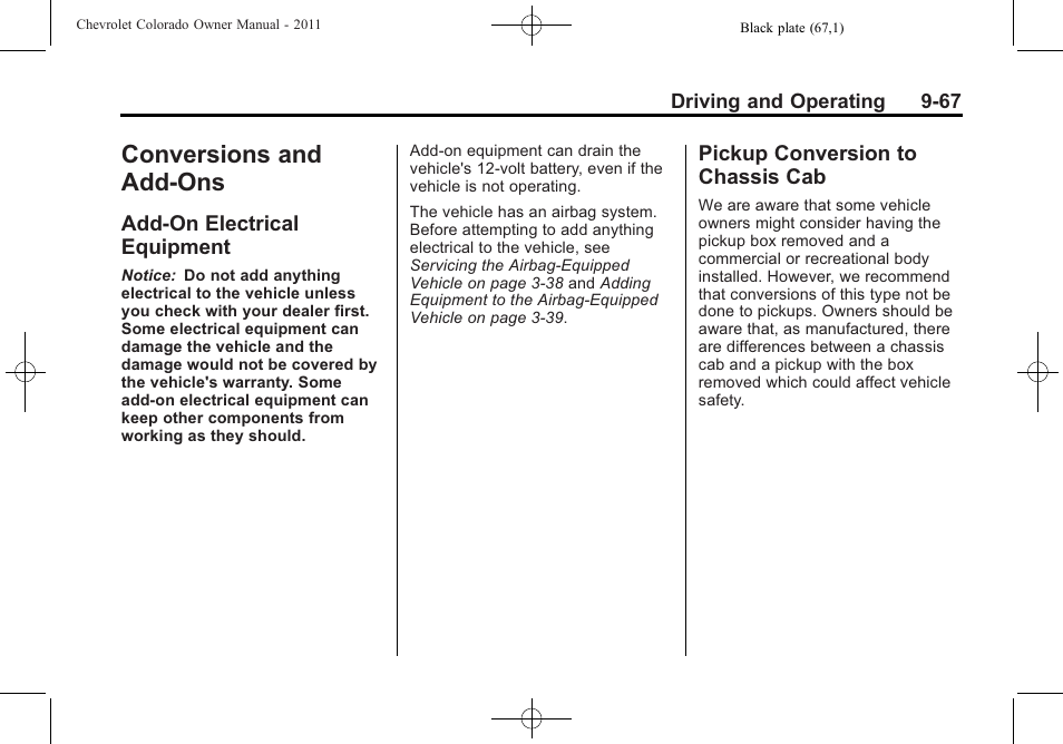 Conversions and add-ons, Add-on electrical equipment, Pickup conversion to chassis cab | And add-ons -67, Add-on electrical, Equipment -67, Pickup conversion to, Chassis cab -67 | CHEVROLET 2011 Colorado User Manual | Page 245 / 394