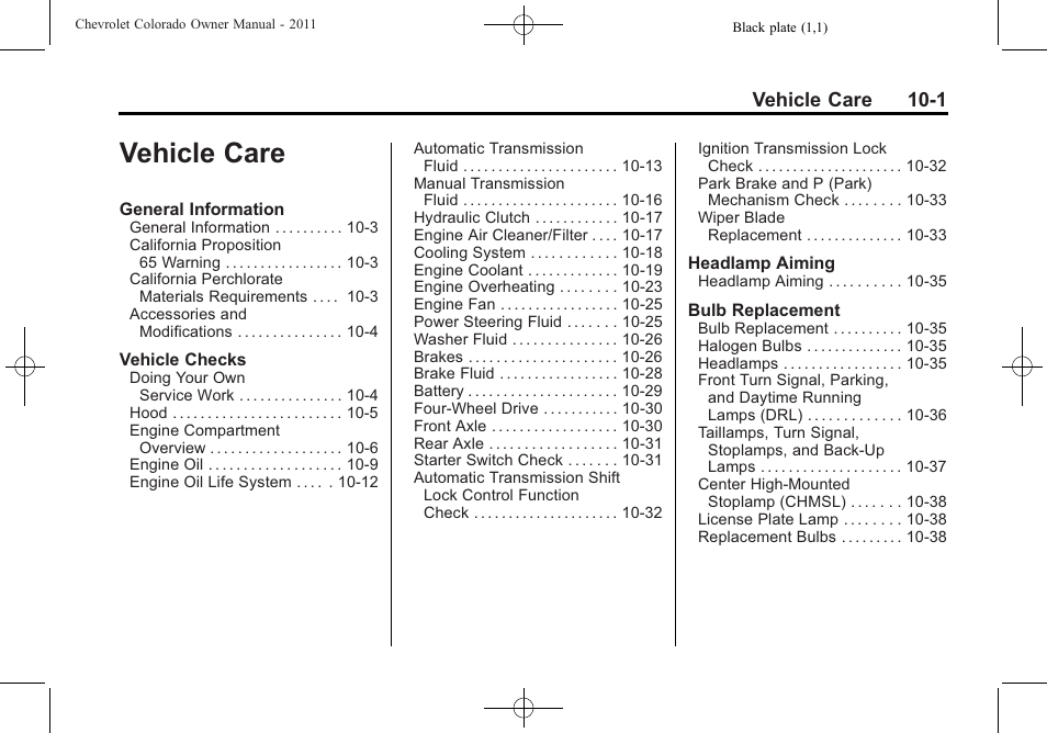 Vehicle care, Vehicle care 10-1 | CHEVROLET 2011 Colorado User Manual | Page 247 / 394