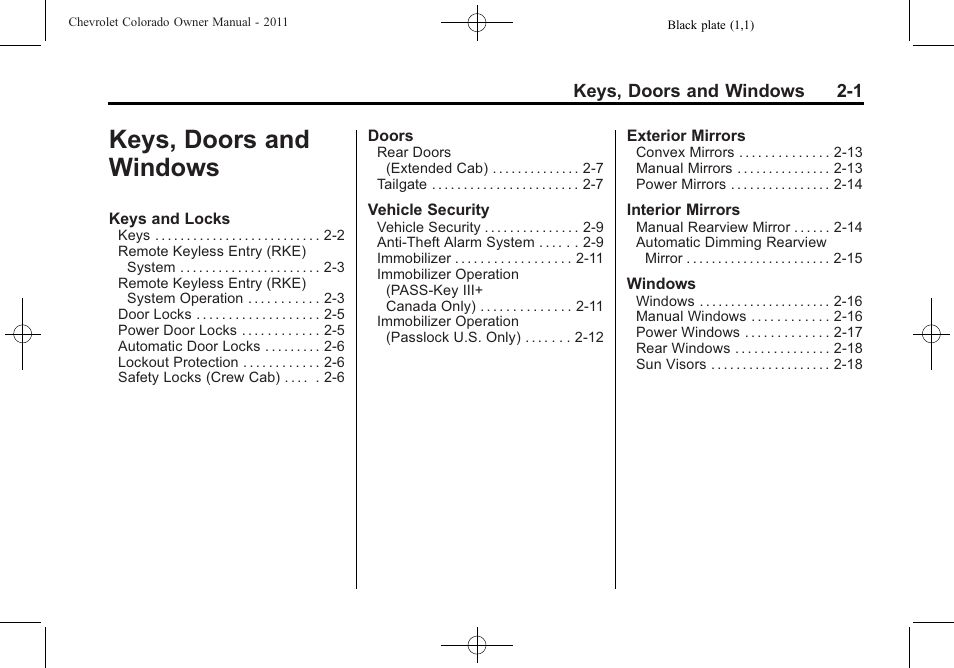 Keys, doors and windows, Keys, doors and windows -1 | CHEVROLET 2011 Colorado User Manual | Page 25 / 394