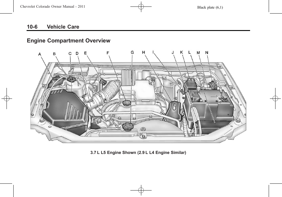 Engine compartment overview, Engine compartment, Overview -6 | CHEVROLET 2011 Colorado User Manual | Page 252 / 394