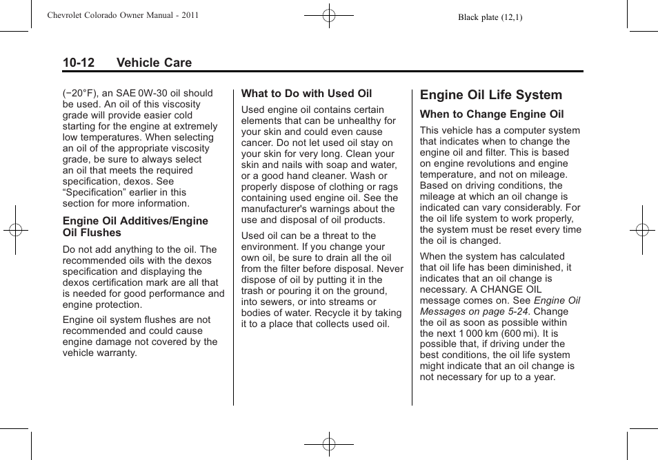 Engine oil life system, Engine oil life system -12, Automatic | CHEVROLET 2011 Colorado User Manual | Page 258 / 394