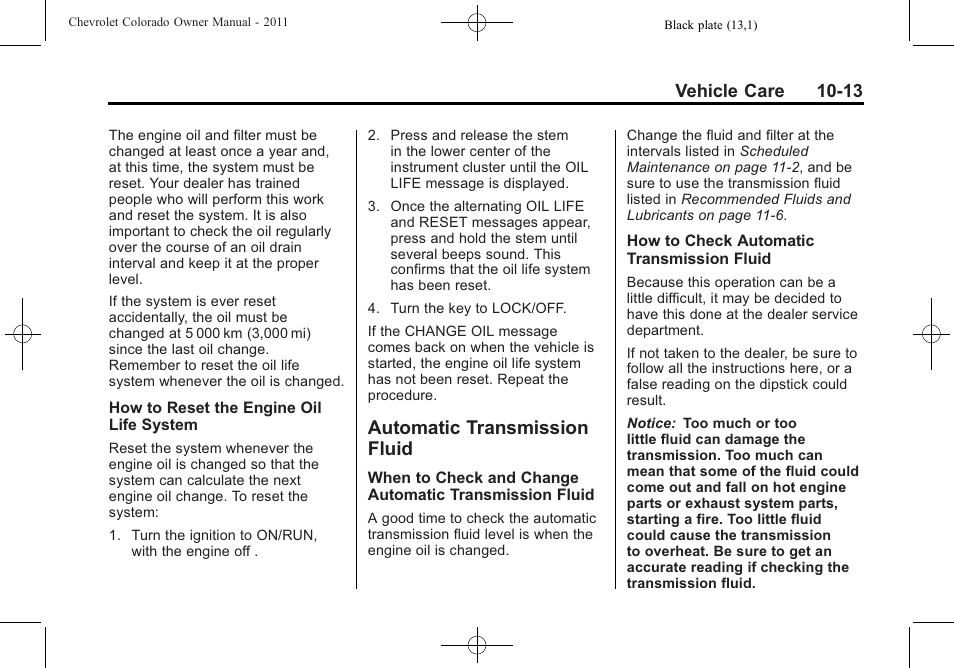 Automatic transmission fluid, Automatic transmission, Fluid -13 | Check, Vehicle care 10-13 | CHEVROLET 2011 Colorado User Manual | Page 259 / 394