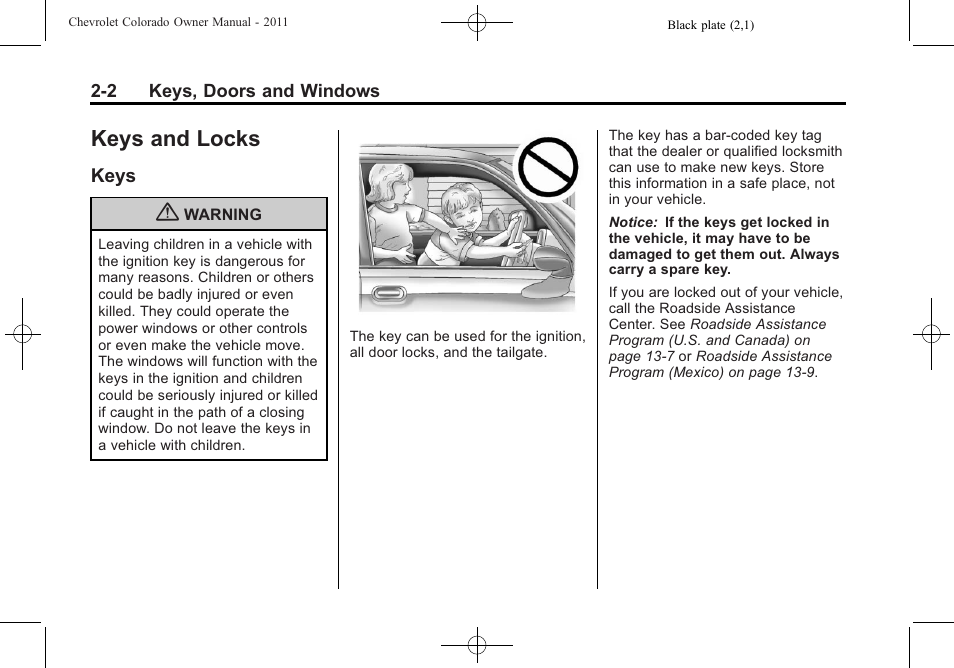 Keys and locks, Keys, Keys and locks -2 | Exterior lighting, Keys -2 | CHEVROLET 2011 Colorado User Manual | Page 26 / 394