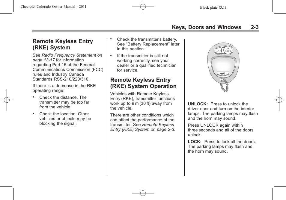 Remote keyless entry (rke) system, Remote keyless entry (rke) system operation, Remote keyless entry (rke) | System -3, System operation -3, Keys, doors and windows 2-3 | CHEVROLET 2011 Colorado User Manual | Page 27 / 394