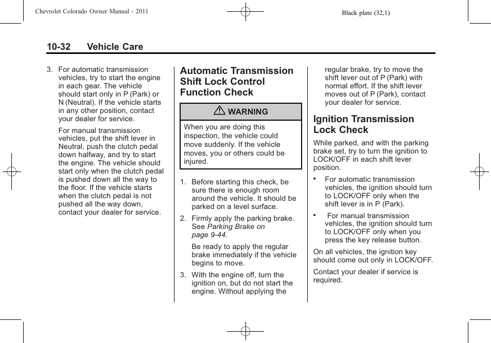 Ignition transmission lock check, Transmission shift, Lock control function check -32 | Ignition transmission lock | CHEVROLET 2011 Colorado User Manual | Page 278 / 394