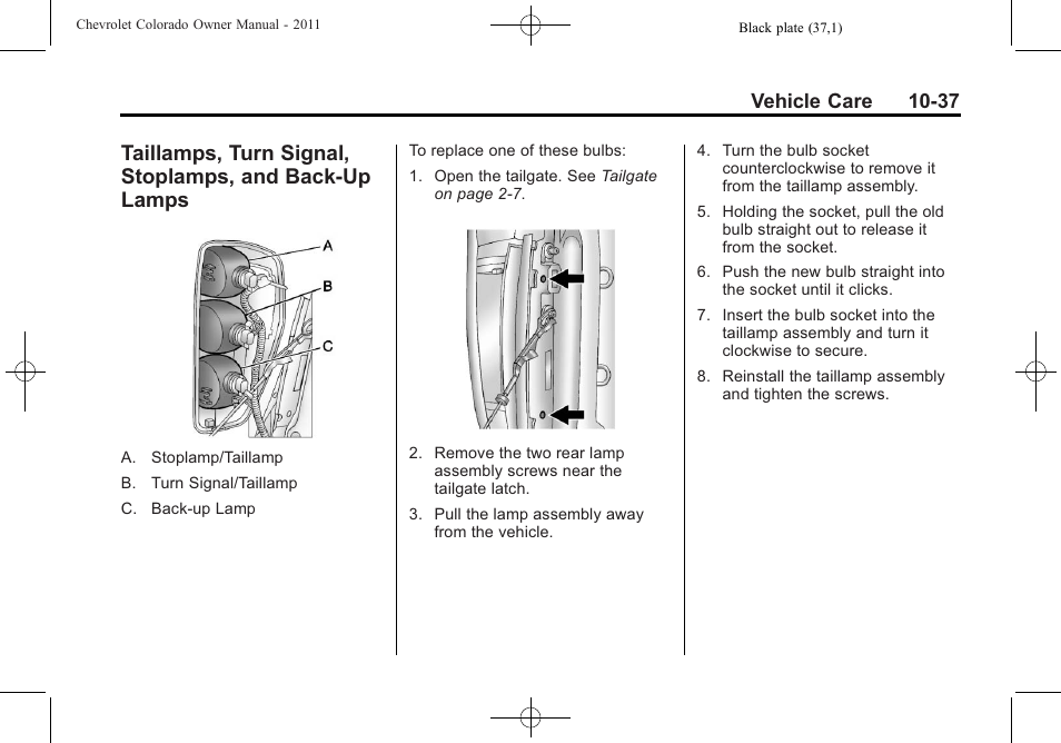 Turn signal, And back-up lamps -37, Vehicle care 10-37 | CHEVROLET 2011 Colorado User Manual | Page 283 / 394