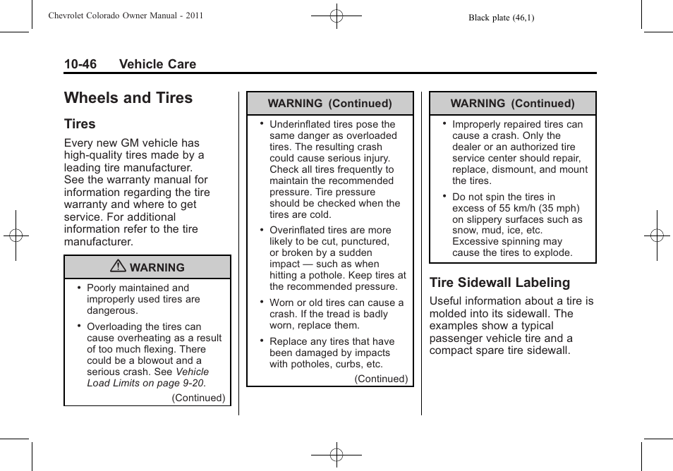 Wheels and tires, Tires, Tire sidewall labeling | Wheels and tires -46, Tires -46 tire sidewall labeling -46, 46 vehicle care | CHEVROLET 2011 Colorado User Manual | Page 292 / 394
