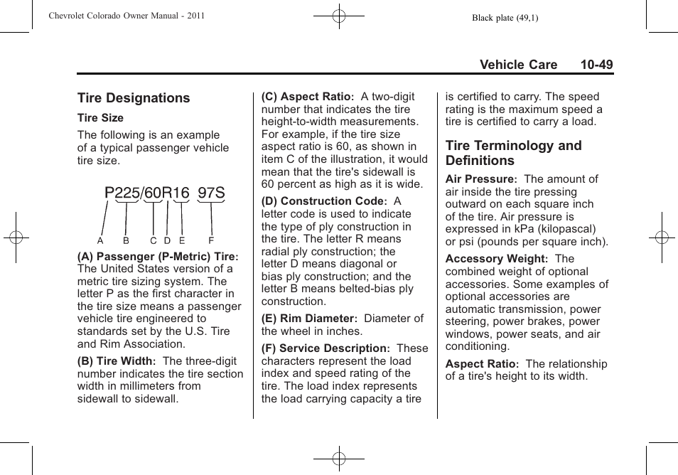 Tire designations, Tire terminology and definitions, Tire designations -49 tire terminology and | Definitions -49 | CHEVROLET 2011 Colorado User Manual | Page 295 / 394
