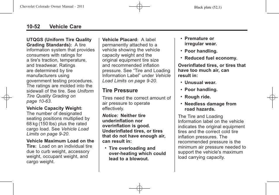 Tire pressure, Tire pressure -52, Compact | 52 vehicle care | CHEVROLET 2011 Colorado User Manual | Page 298 / 394