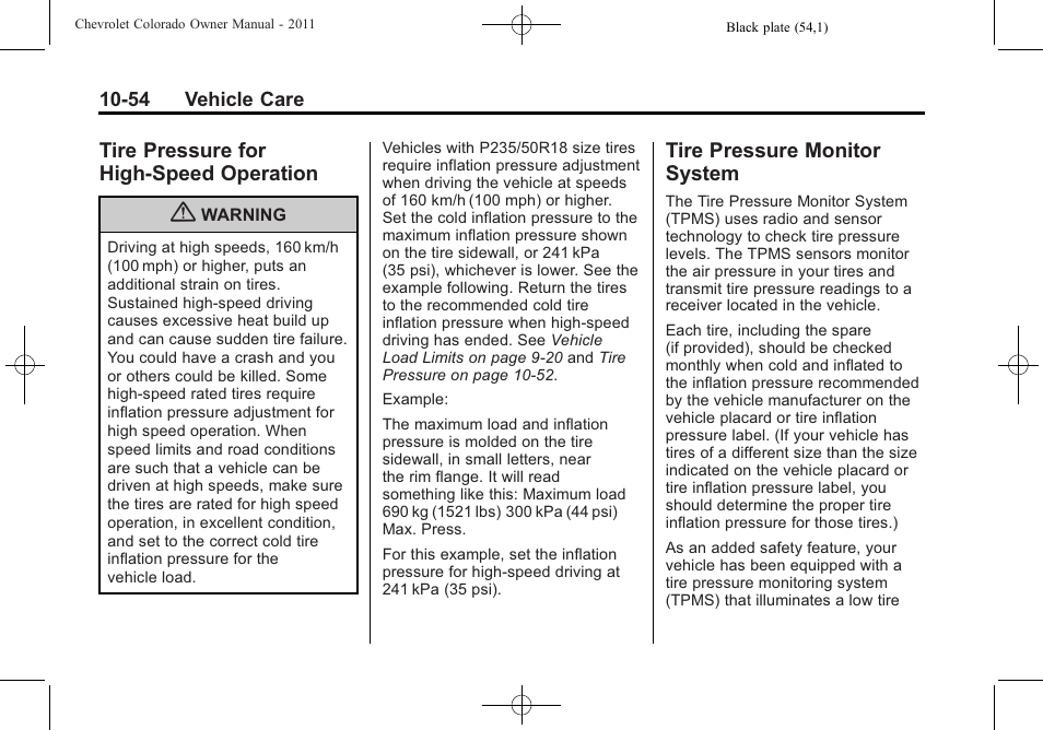 Tire pressure for high-speed operation, Tire pressure monitor system, Tire pressure for high-speed | Operation -54, Tire pressure monitor, System -54 | CHEVROLET 2011 Colorado User Manual | Page 300 / 394