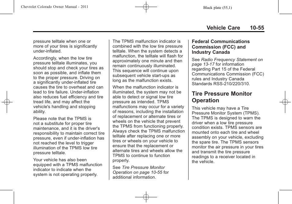 Tire pressure monitor operation, Tire pressure monitor, Operation -55 | CHEVROLET 2011 Colorado User Manual | Page 301 / 394