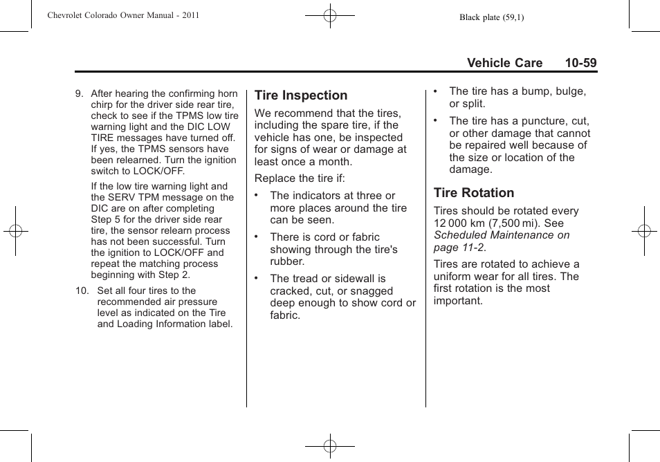 Tire inspection, Tire rotation, Tire inspection -59 tire rotation -59 | Vehicle care 10-59 | CHEVROLET 2011 Colorado User Manual | Page 305 / 394