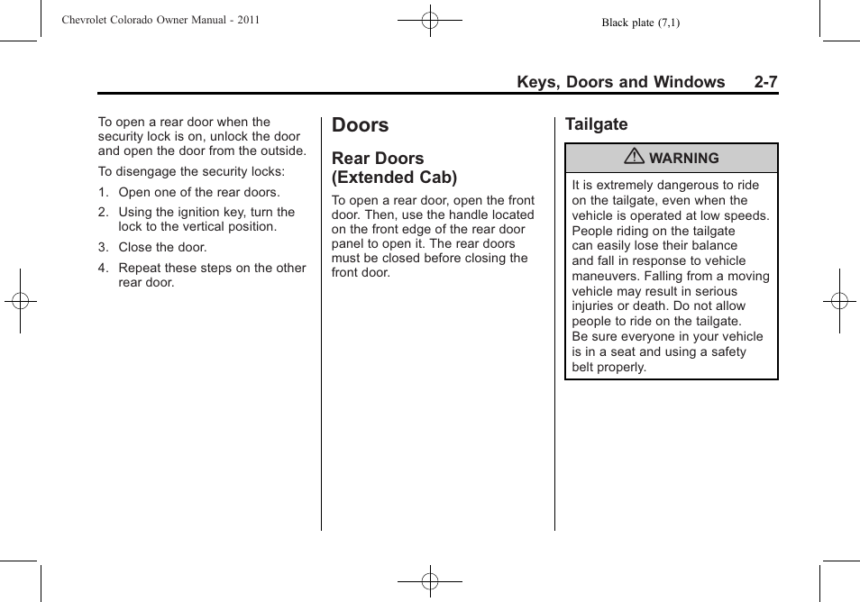 Doors, Rear doors (extended cab), Tailgate | Doors -7, Interior, Rear doors, Extended cab) -7, Tailgate -7 | CHEVROLET 2011 Colorado User Manual | Page 31 / 394