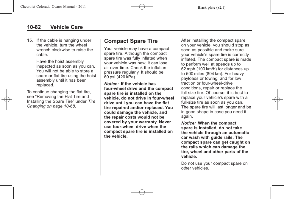 Compact spare tire, Spare tire -82 | CHEVROLET 2011 Colorado User Manual | Page 328 / 394