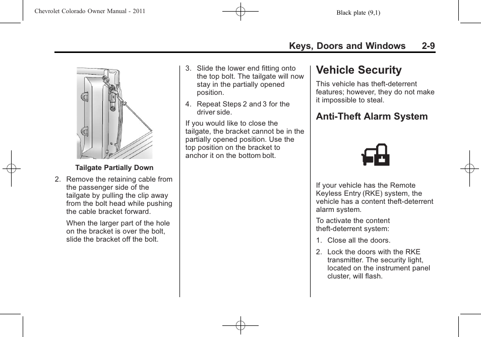 Vehicle security, Anti-theft alarm system, Vehicle security -9 | Lighting features, Vehicle security -9 anti-theft alarm system -9 | CHEVROLET 2011 Colorado User Manual | Page 33 / 394