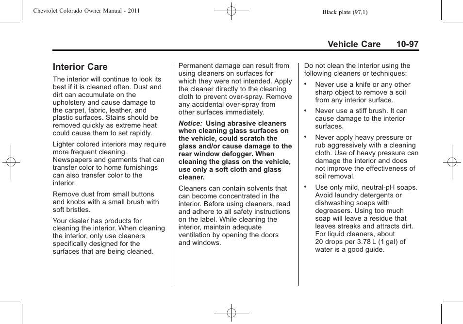 Interior care, Interior care -97, Vehicle care 10-97 | CHEVROLET 2011 Colorado User Manual | Page 343 / 394