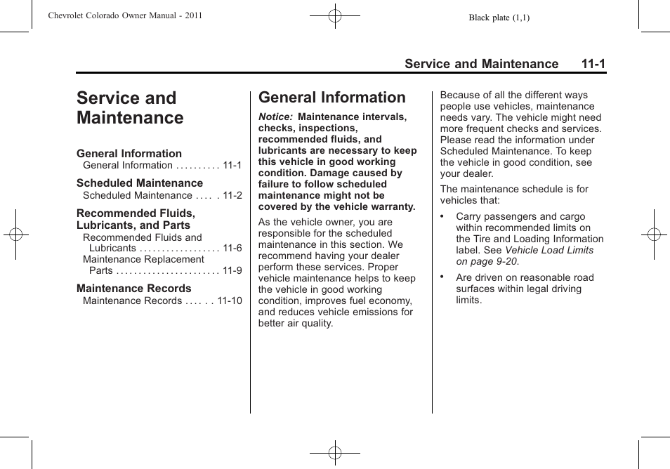 Service and maintenance, General information, Service and maintenance -1 | General information -1 | CHEVROLET 2011 Colorado User Manual | Page 347 / 394
