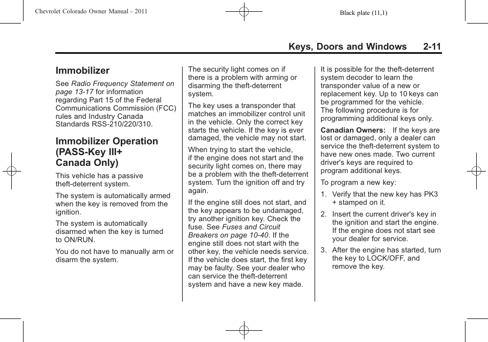 Immobilizer, Immobilizer operation (pass-key iii+ canada only), Immobilizer -11 immobilizer operation | Pass-key iii+ canada only) -11 | CHEVROLET 2011 Colorado User Manual | Page 35 / 394