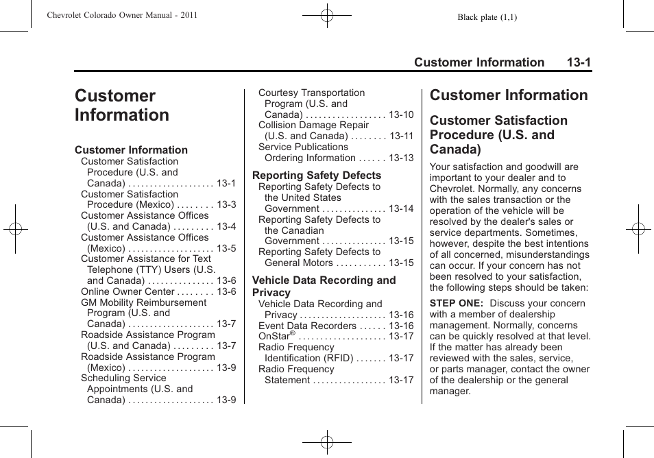 Customer information, Customer satisfaction procedure (u.s. and canada), Customer information -1 | Customer information 13-1 | CHEVROLET 2011 Colorado User Manual | Page 365 / 394