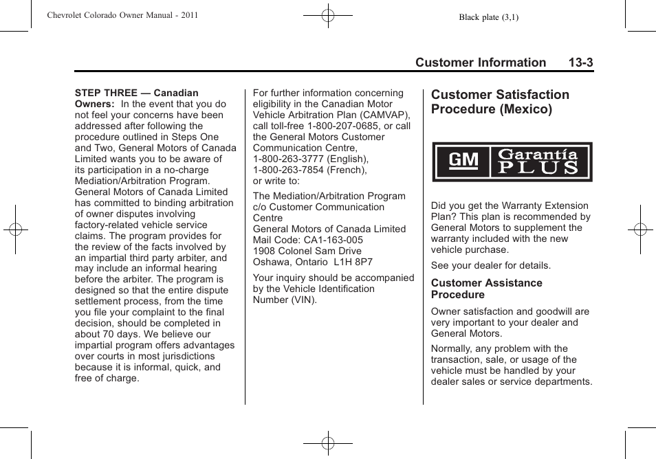Customer satisfaction procedure (mexico), Customer satisfaction, Procedure (mexico) -3 | CHEVROLET 2011 Colorado User Manual | Page 367 / 394