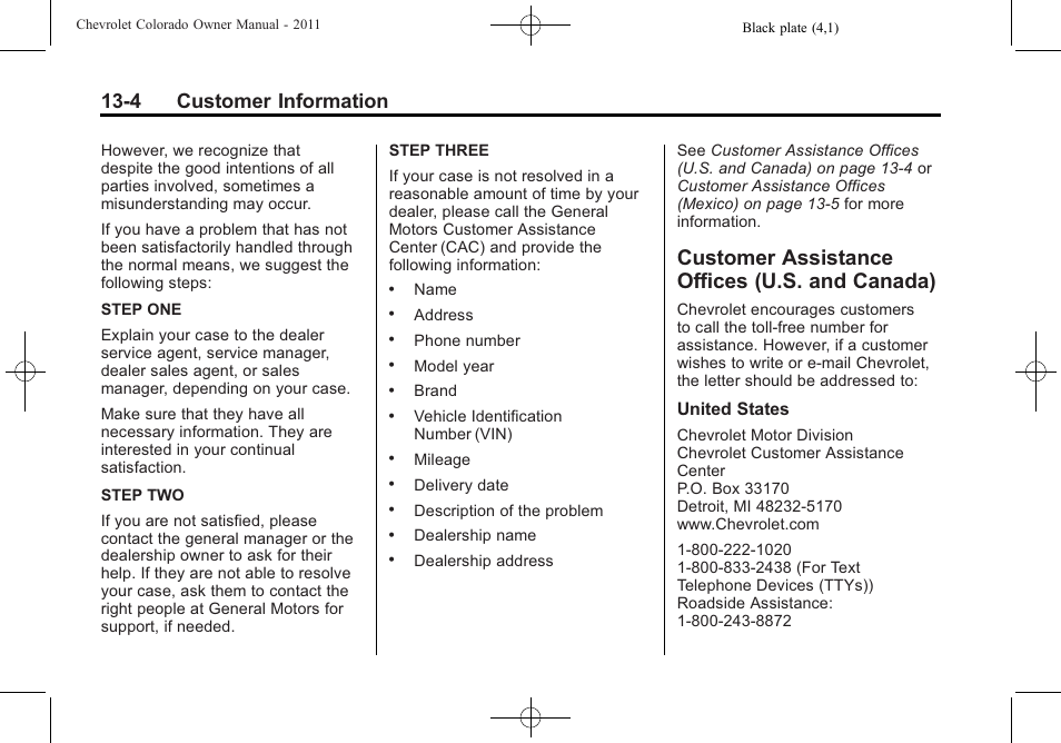Customer assistance offices (u.s. and canada), Customer assistance offices, U.s. and canada) -4 | 4 customer information | CHEVROLET 2011 Colorado User Manual | Page 368 / 394