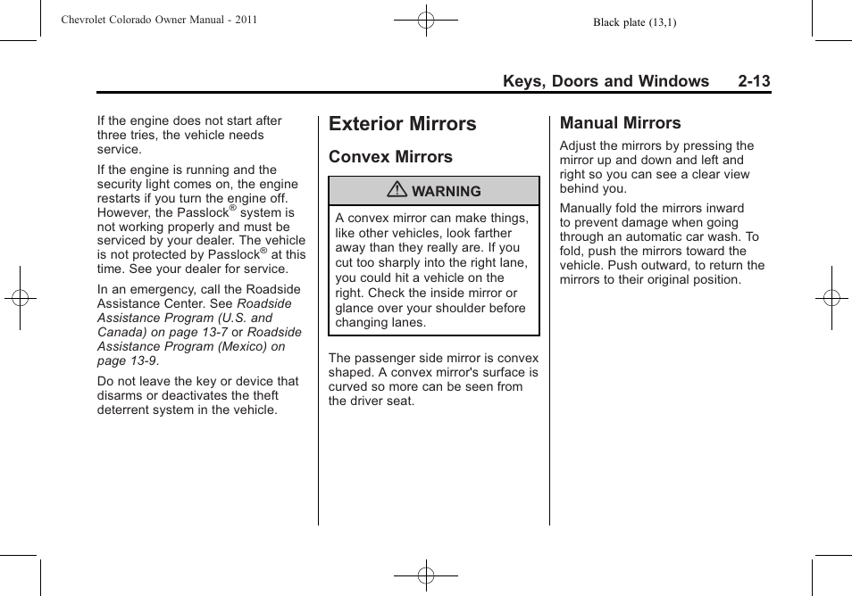 Exterior mirrors, Convex mirrors, Manual mirrors | Exterior mirrors -13, Convex mirrors -13 manual mirrors -13 | CHEVROLET 2011 Colorado User Manual | Page 37 / 394