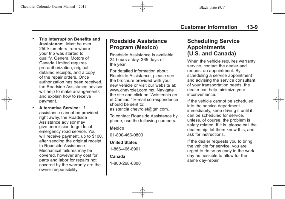 Roadside assistance program (mexico), Scheduling service appointments (u.s. and canada), Roadside assistance program | Mexico) -9, Scheduling service, Appointments (u.s. and canada) -9, Customer information 13-9 | CHEVROLET 2011 Colorado User Manual | Page 373 / 394